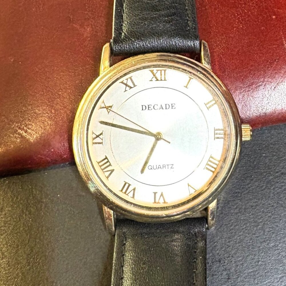 Mens 36mm Decade Watch, Go0ld Tone Case and Dial Numbers, Leather Band